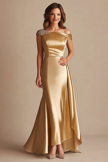 Gold One Shoulder Satin Long Sheath Mother Of Bride Dress